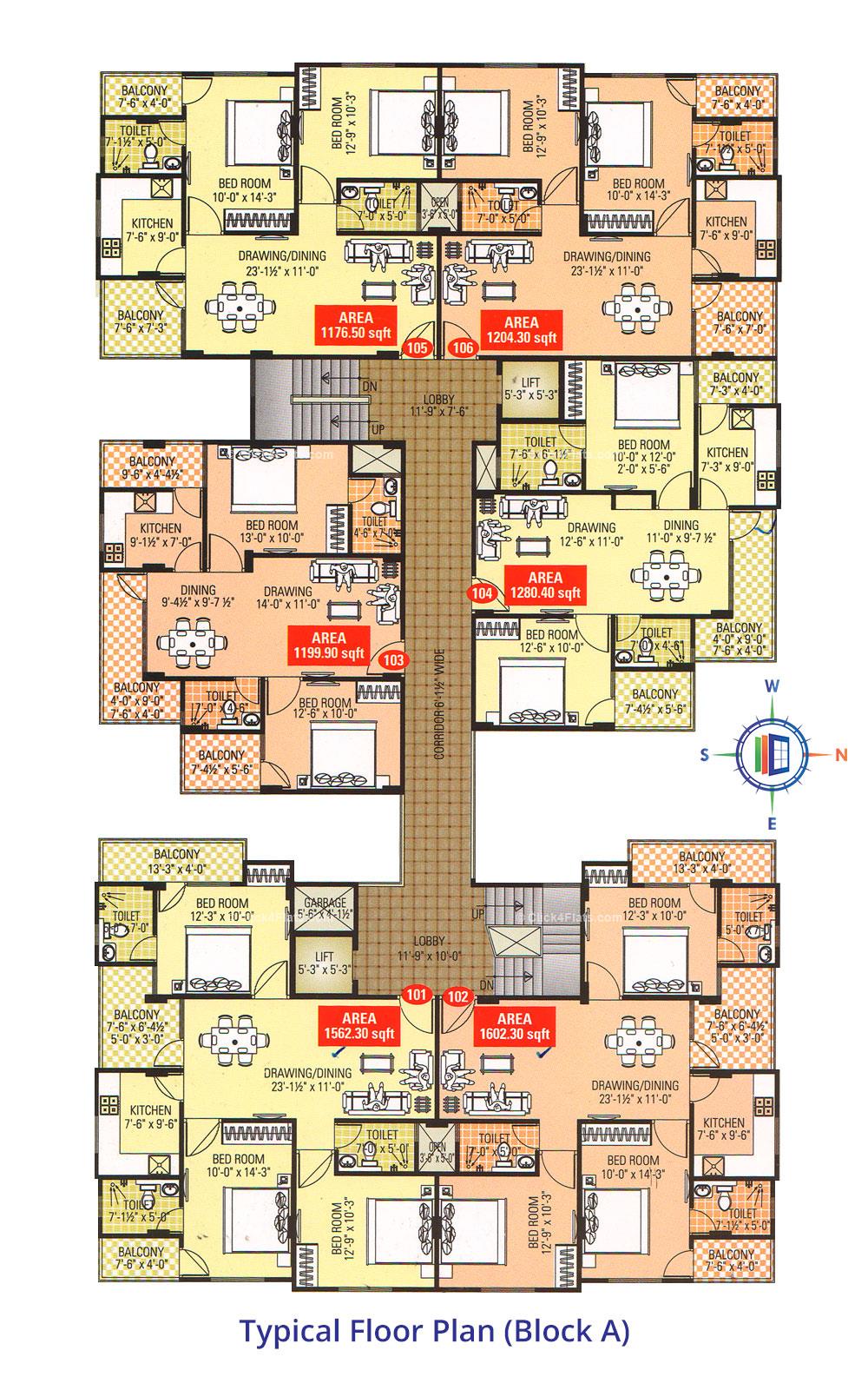 Naman Residency  Typical Floor Plan (Block A)