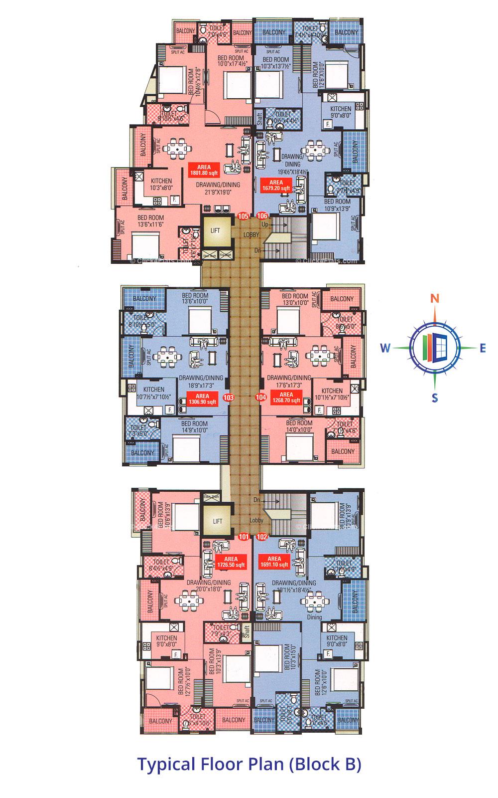 Naman Residency  Typical Floor Plan (Block B)